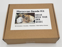 Load image into Gallery viewer, Moroccan Geode Kit, Break Open Your Own Geodes, Includes 4 Geodes, 1 Hammer , 1 Pair Safety Glasses
