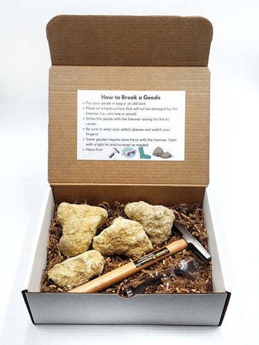 Large Moroccan Geode Kit, Break Open Your Own Geodes, Includes 4 Geodes, 1 Hammer , 1 Pair Safety Glasses