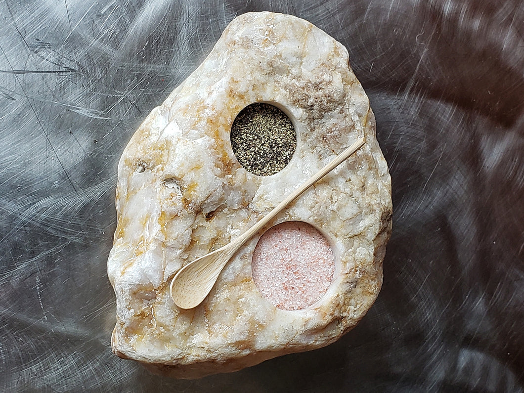 Handcrafted Stone Salt and Pepper Seasoning Pinch Pot with Hand Whittled Spoon