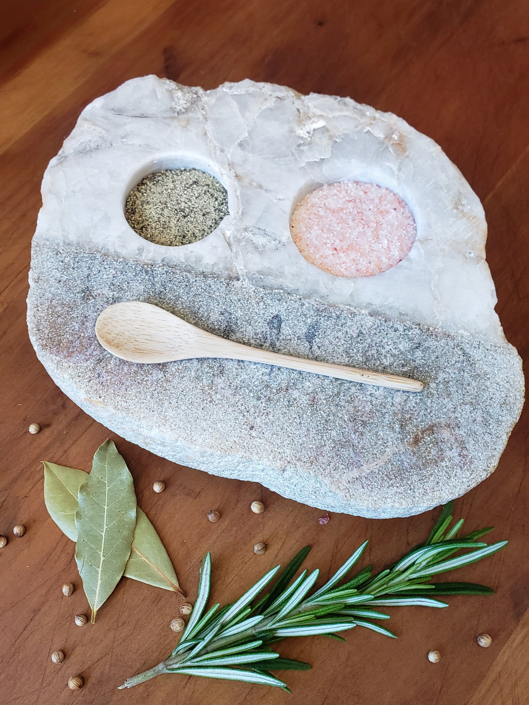 Handcrafted Stone Salt and Pepper Seasoning Pinch Pot with Hand Whittled Spoon